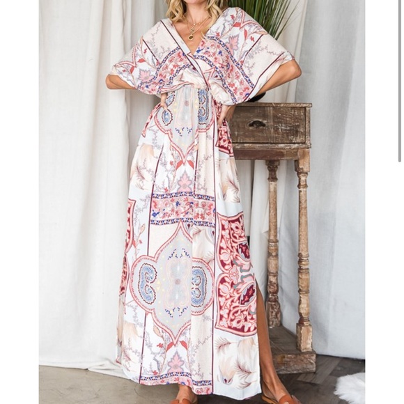 Multi Stripe Floral Print V-Neck Dolman Sleeves Maxi Dress with Side… - Picture 13 of 16